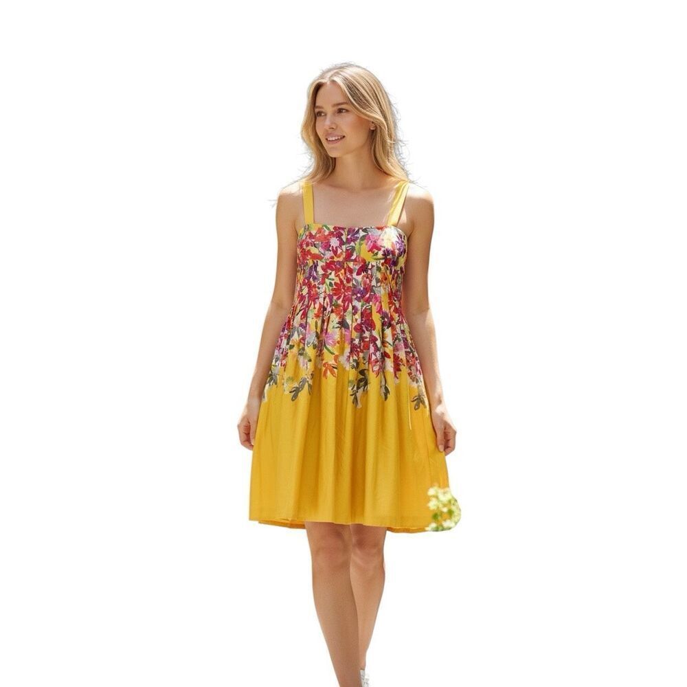 Evan Picone Golden Yellow Floral Pleated Fit & Flare Midi Dress Sundress Size 14